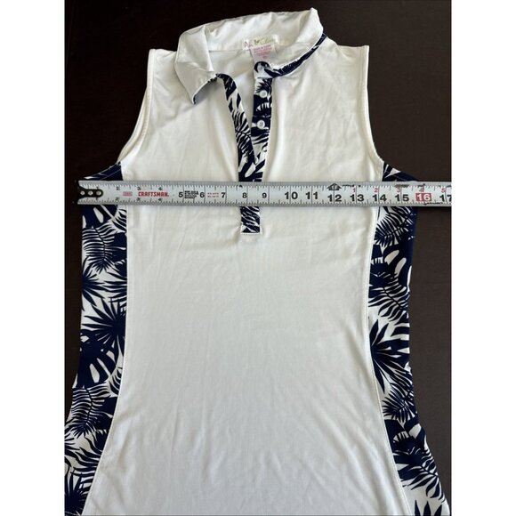 Sleeveless White Polo Tank Top With Navy Tropical Print Accents By Pin Clover Si - Picture 7 of 7